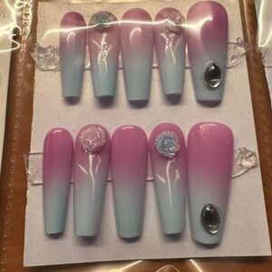 Pink Blue Ombre Press On Nails Floral‎ Gem Accents Long Coffin